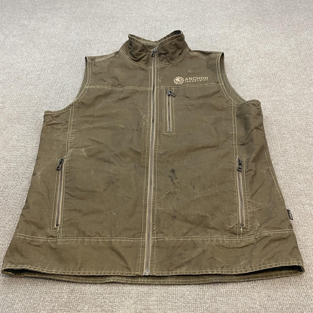 Kuhl Vest Mens Large Brown Canvas Full Zip Lined Anchor Industrial Logo Outdoor